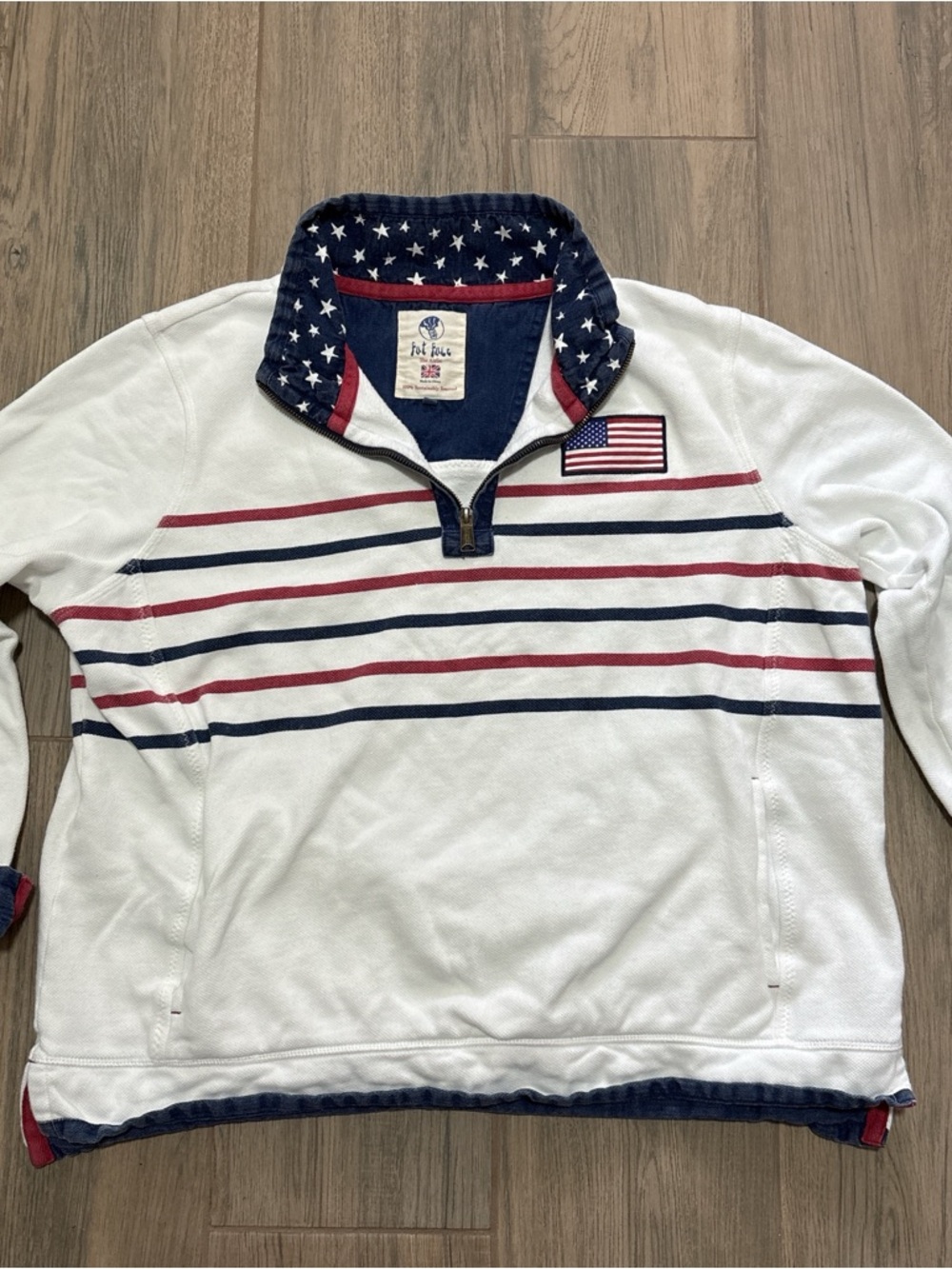 Fat Face White Quarter-Zip Sweater with Navy & Red Stripes size U.S. 16